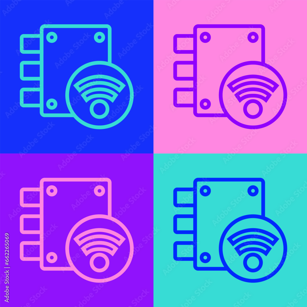 Poster pop art line digital door lock with wireless technology for unlock icon isolated on color background
