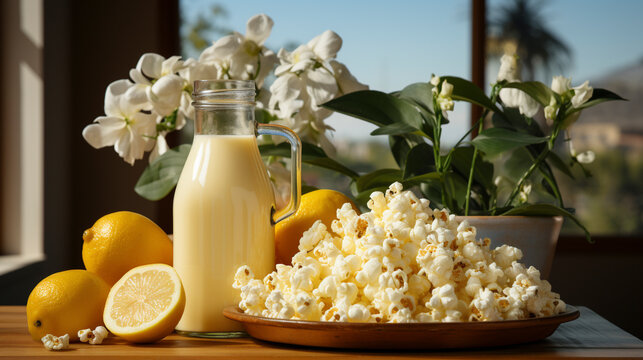 Bottle of orange juice with popcorn heap in bowl UHD wallpaper Stock Photographic Image