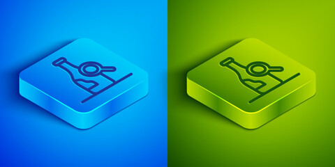 Isometric line Bottle of wine icon isolated on blue and green background. Details about wine. Square button. Vector