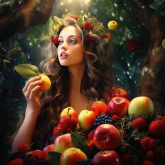 Fototapeta na wymiar Portrait of a young beautiful girl surrounded by fruit