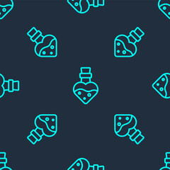 Green line Bottle with potion icon isolated seamless pattern on blue background. Flask with magic potion. Happy Halloween party. Vector