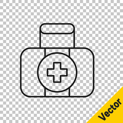 Black line First aid kit icon isolated on transparent background. Medical box with cross. Medical equipment for emergency. Healthcare concept. Vector