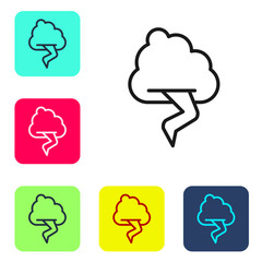 Black line Storm icon isolated on white background. Cloud and lightning sign. Weather icon of storm. Set icons in color square buttons. Vector