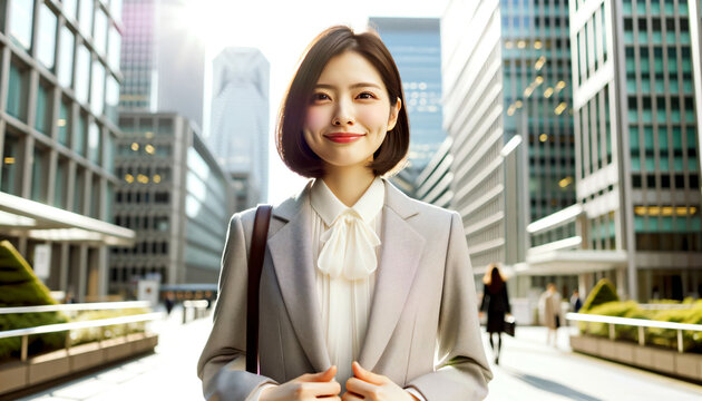 晴れた日のオフィスビル街を自然に歩くかわいい日本人ビジネスウーマンの写真風のイメージ画像です。女性の全身が詳細に描写され、服装、肌、髪の質感が強調されています。