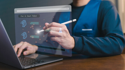Chat bot Artificial Intelligence (AI), businessman using command prompt for generating something Futuristic technology transformation, technology online customer service Digital chatbot.