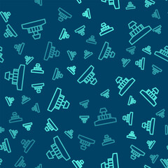 Green line Smoke alarm system icon isolated seamless pattern on blue background. Smoke detector. Vector