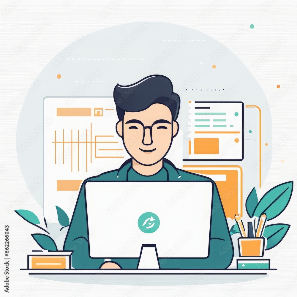 Wall mural young businessman working in office. vector illustration young man working with computer. flat desig