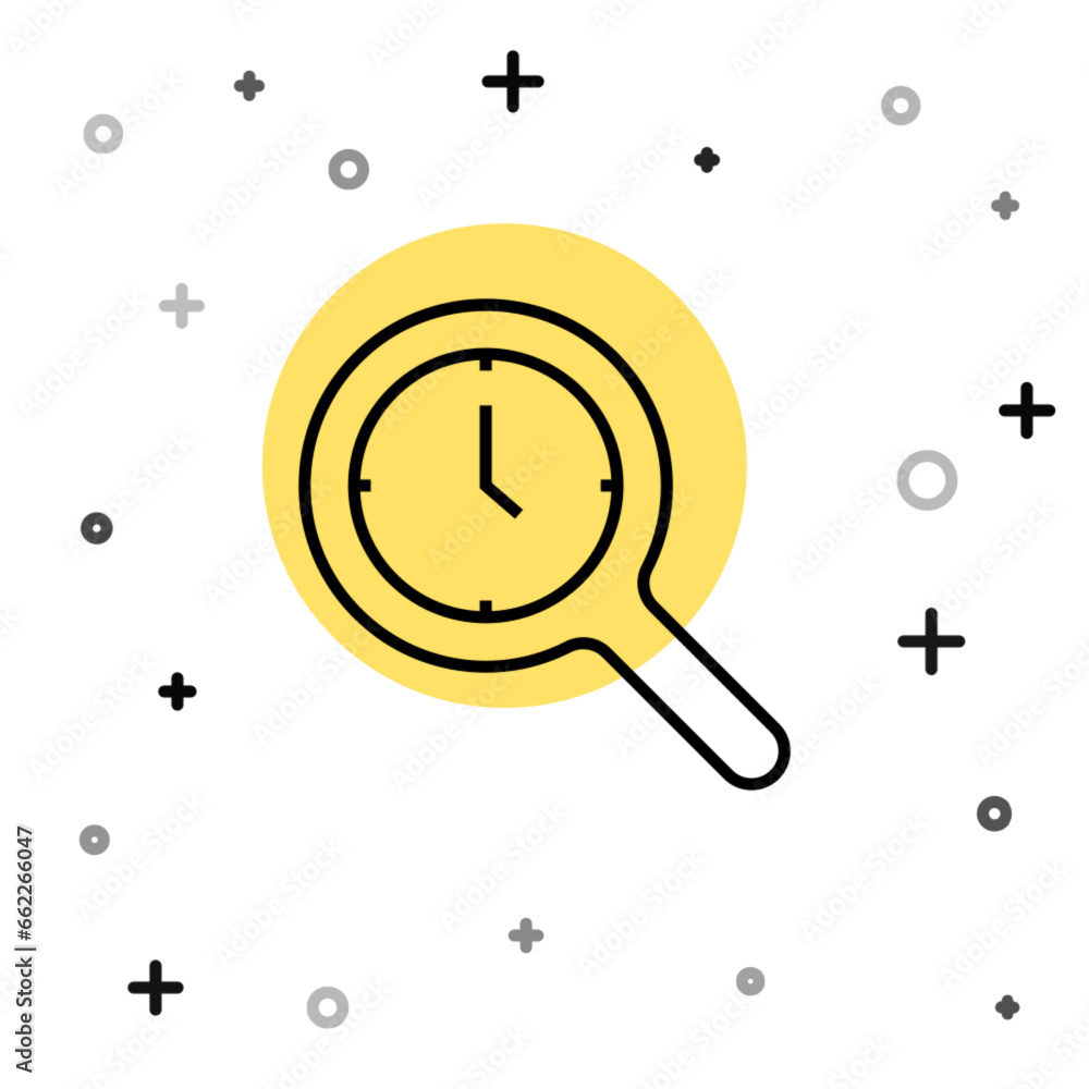 Poster black line magnifying glass with clock icon isolated on white background. clock search. random dynam