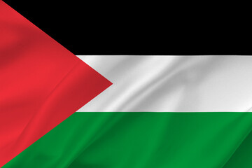 Palestine flag on waving silk background. Fabric texture design. National symbol of Palestine.