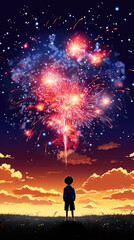 Fototapeta na wymiar Silhouette of a boy looking at fireworks above the meadow