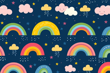 Rainbow after a storm quirky doodle pattern, wallpaper, background, cartoon, vector, whimsical Illustration