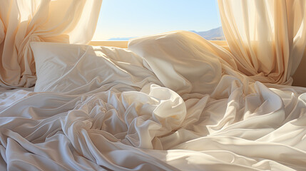 sunlight casting soft shadows on a pure white bedspread
