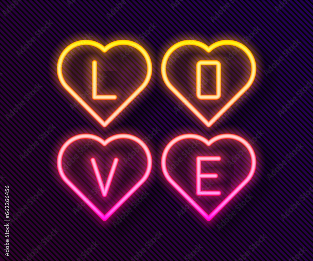 Wall mural Glowing neon line Love text icon isolated on black background. Valentines day greeting card template. Vector