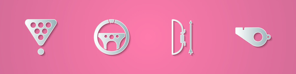 Set paper cut Billiard balls in rack triangle, Steering wheel, Bow and arrow quiver and Whistle icon. Paper art style. Vector