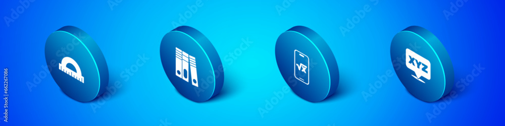 Poster set isometric protractor, square root of x glyph, xyz coordinate system and office folders icon. vec