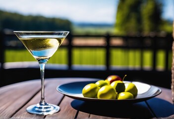 glass of wine with lemon, cherry, grapes and a wooden table on a wooden surface glass of wine with lemon, cherry, grapes and a wooden table on a wooden surface glass of wine on the terrace