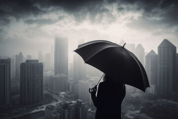 Woman under umbrella on the city background, black and white picture, AI generated