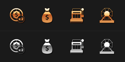 Set Casino chips, Money bag, Slot machine and Lottery icon. Vector