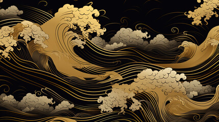 Wallpapers and textile patterns vintage a gold wave pattern on a black background. Seascapes in traditional chinese painting - obrazy, fototapety, plakaty