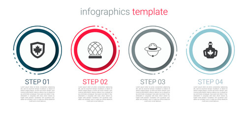 Set Canada flag on shield, Montreal Biosphere, Canadian ranger hat and Bottle of maple syrup. Business infographic template. Vector