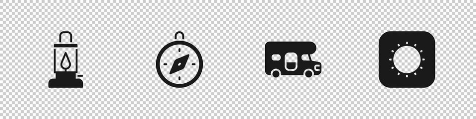 Set Camping lantern, Compass, RV motorhome vehicle and Sun icon. Vector