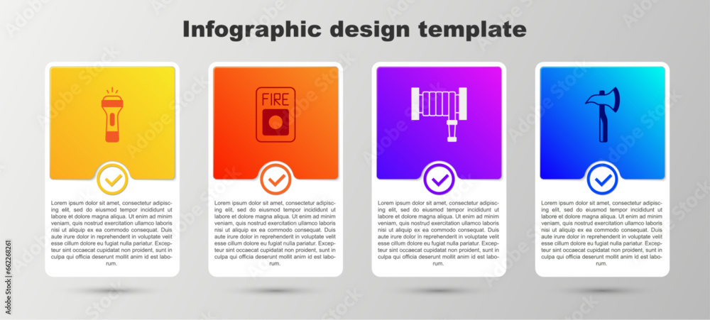 Sticker Set Flashlight, Fire alarm system, hose reel and Firefighter axe. Business infographic template. Vector