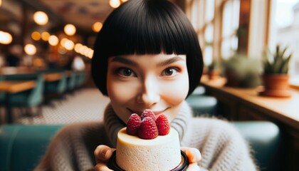 portrait of a beautiful brunette girl enjoying a delicious dessert - sponge cake covered with icing and raspberry jam