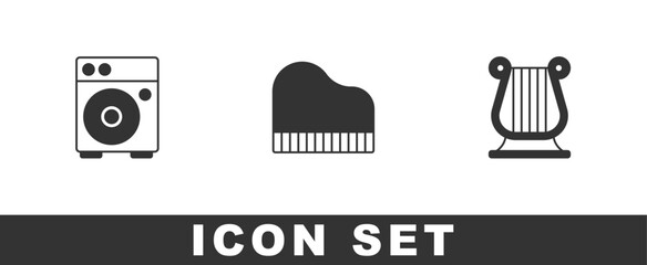 Set Guitar amplifier, Grand piano and Ancient Greek lyre icon. Vector