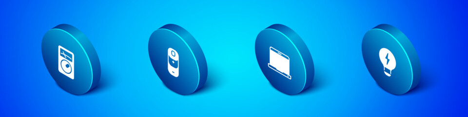 Set Isometric Ampere meter, multimeter, Laptop, Creative lamp light idea and Battery charge icon. Vector