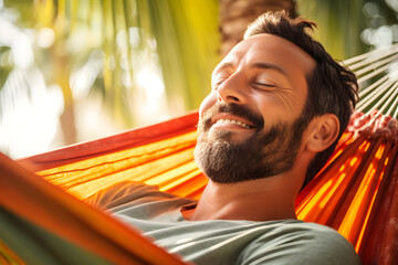 A man lounging in a hammock with their eyes closed and a serene expression, Relaxation and Serenity