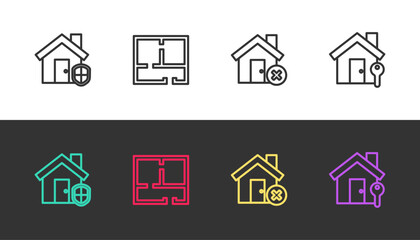 Set line House under protection, plan, with wrong mark and key on black and white. Vector