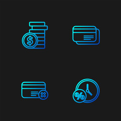 Set line Clock and percent, Credit card remove, Coin money with dollar and . Gradient color icons. Vector
