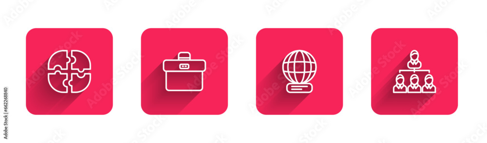 Poster set line piece of puzzle, briefcase, worldwide and hierarchy organogram chart with long shadow. red 