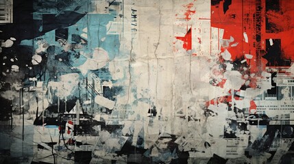 Produce an edgy grunge abstract background with torn posters and urban debris.