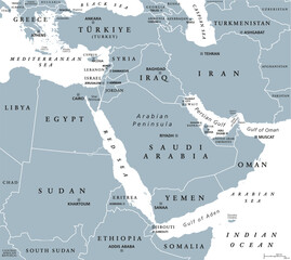 The Middle East, gray political map with capitals and international borders. Geopolitical region encompassing the Arabian Peninsula, the Levant, Turkey, Egypt, Iran and Iraq. Also called Near East.