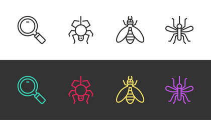 Set line Magnifying glass, Spider, Bee and Mosquito on black and white. Vector