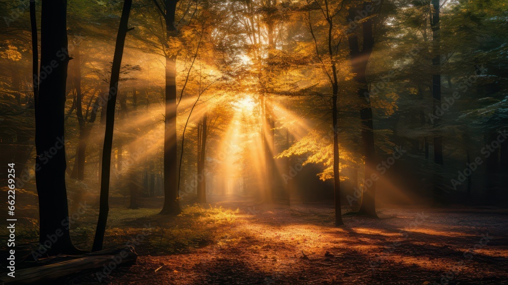 Poster intense sun with lots of long sunrays shining in the middle of a deciduous forest in autumn created 