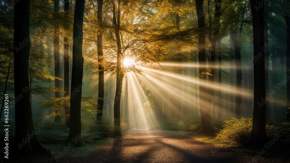 Poster intense sun with lots of long sunrays shining in the middle of a deciduous forest in autumn created 