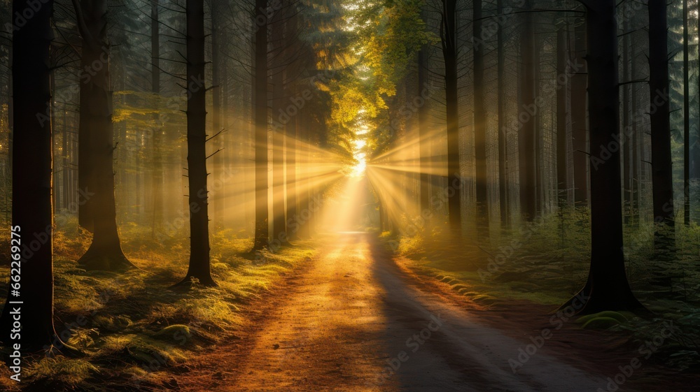 Poster intense sun with lots of long sunrays shining in the middle of a deciduous forest in autumn created 