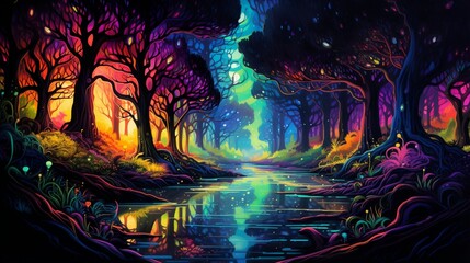 raft a vibrant, otherworldly forest of neon trees and phosphorescent creatures. - obrazy, fototapety, plakaty