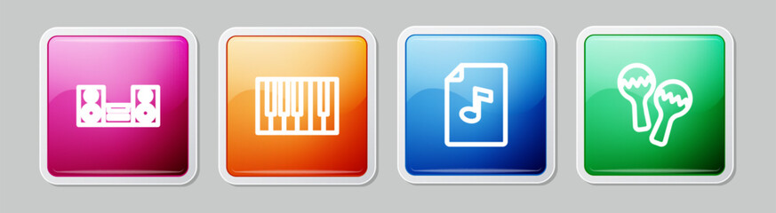 Set line Home stereo, Grand piano, Music book with note and Maracas. Colorful square button. Vector