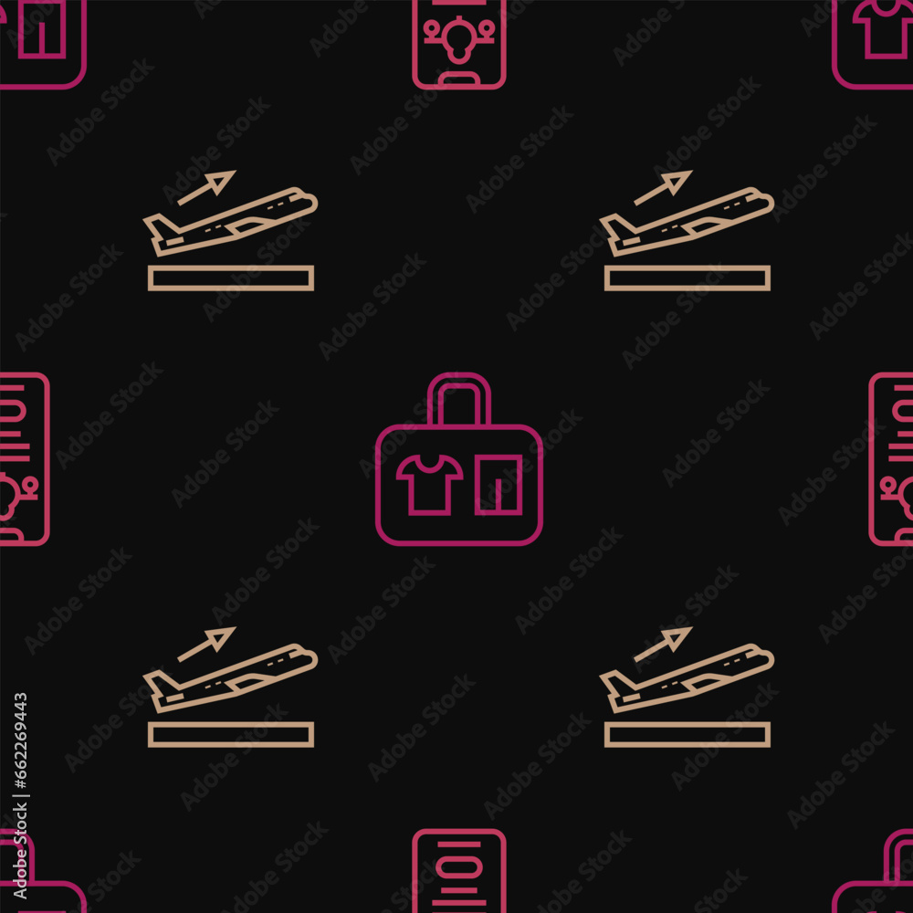 Poster set line mobile with ticket, plane takeoff and suitcase on seamless pattern. vector