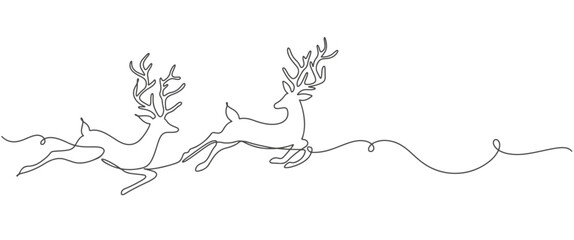 Reindeer one line continuous banner. Line art animal deer christmas concept banner. Outline vector illustration. © sense