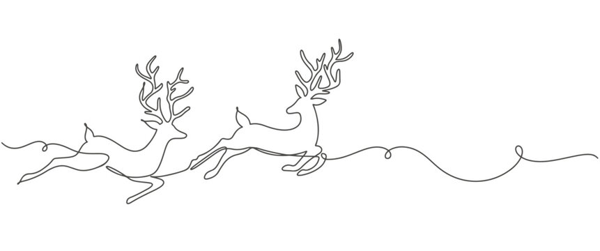 Reindeer one line continuous banner. Line art animal deer christmas concept banner. Outline vector illustration.