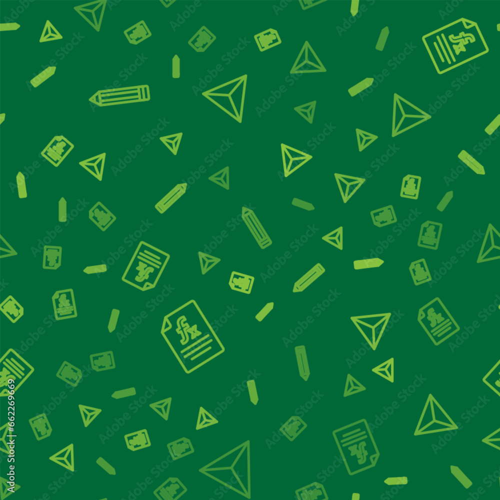 Poster set line pencil, function mathematical symbol and geometric figure tetrahedron on seamless pattern. 