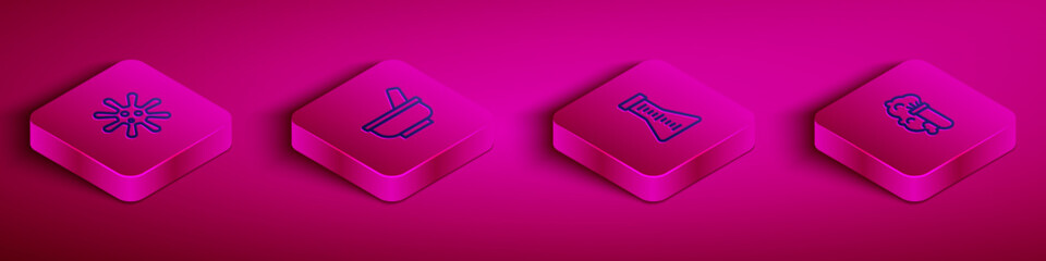 Set Isometric line Bacteria, Mortar and pestle, Test tube flask and Chemical explosion icon. Vector