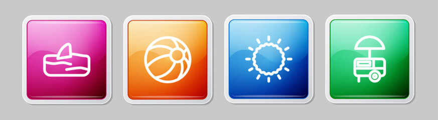 Set line Shark fin in ocean wave, Beach ball, Sun and Fast street food cart. Colorful square button. Vector