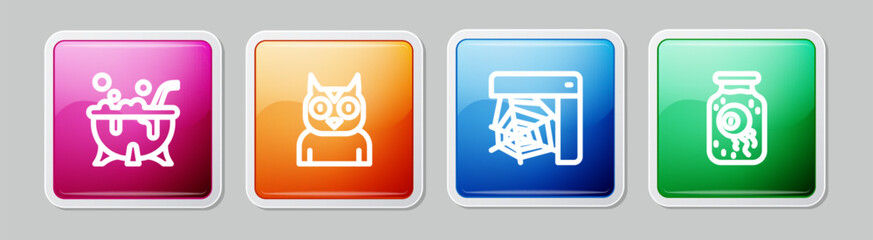 Set line Halloween witch cauldron, Owl bird, Spider web and Eye in jar. Colorful square button. Vector