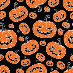 Vector Repeatable Scary Smiling Halloween pumpkins Seamless Pattern o Black Color Backdrop emotional pumpkins repeatable and printable texture Happy Halloween Trick or Treat Wallpaper, Wrapping Paper