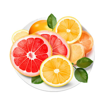 Sliced Oranges and Grapefruit on a Plate Isolated on a Transparent Background